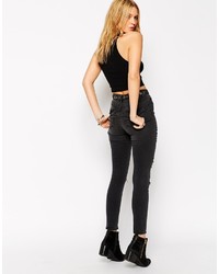 Asos Collection Ridley Skinny Ankle Grazer Jeans In Charcoal Wash With Extreme Rips