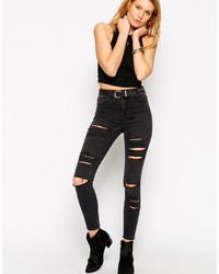 Asos Collection Ridley Skinny Ankle Grazer Jeans In Charcoal Wash With Extreme Rips