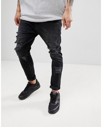 ASOS DESIGN Drop Crotch Jeans In Washed Black With Heavy Rips