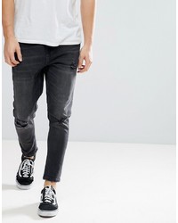 Bershka Skinny Tapered Jeans In Washed Black
