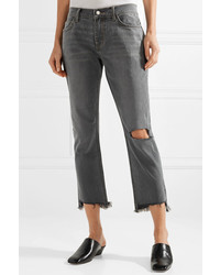 Current/Elliott The Cropped Distressed Mid Rise Straight Leg Jeans