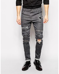 Asos Brand Super Skinny Jeans With Rips And Zip Detail