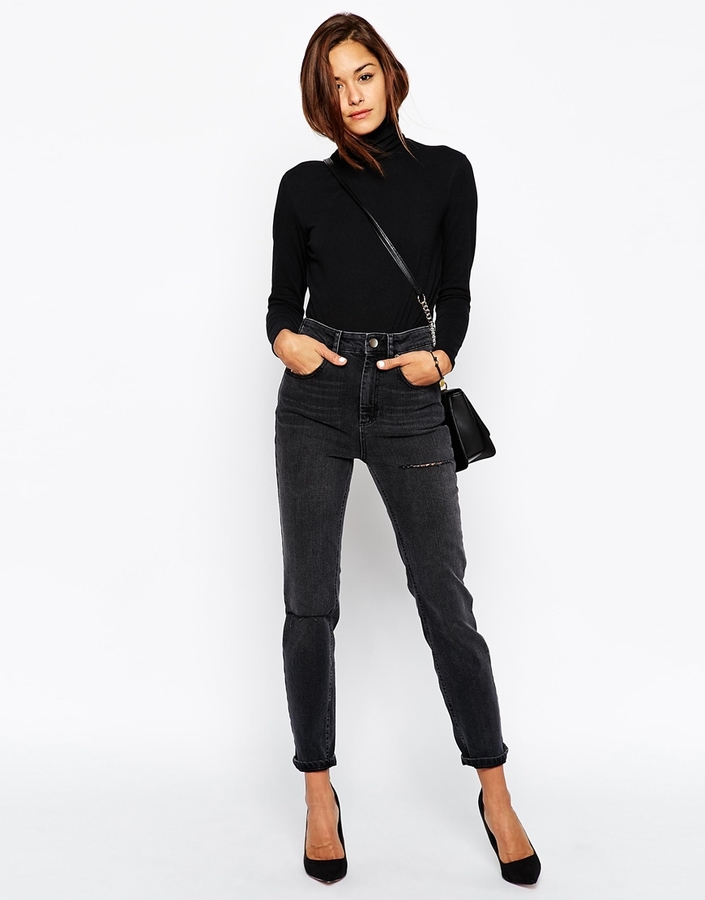 Asos Collection Farleigh High Waist Slim Mom Jeans In Washed Black With Thigh And Knee Rip 63