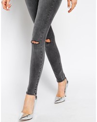 Asos Collection Lisbon Skinny Mid Rise Ankle Grazer Jeans In Slick Gray Wash With Ripped Knees