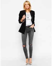 Asos Collection Lisbon Skinny Mid Rise Ankle Grazer Jeans In Slick Gray Wash With Ripped Knees