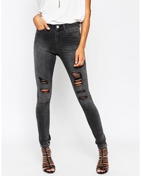 Asos Collection Ridley Skinny Jeans In Severn Charcoal Wash With Extreme Rips
