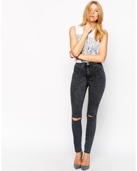 Asos Collection Rivington High Waist Denim Jeggings In Marbled Charcoal With Displaced Knees