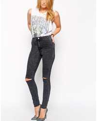 Asos Collection Rivington High Waist Denim Jeggings In Marbled Charcoal With Displaced Knees