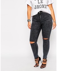 Asos Curve Rivington Jegging In Marbled Charcoal Wash With Displaced Ripped Knees
