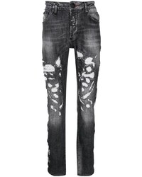 Philipp Plein Distressed Skull Embroidered Skinny Jeans