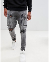 ASOS DESIGN Drop Crotch Jeans In Washed Black With Cargo Pockets And Rips