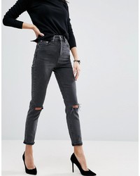 ASOS DESIGN Farleigh High Waist Slim Mom Jeans In Washed Black With Busted Knees