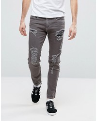 Calvin Klein Jeans Grey Jeans With Heavy Rip Repair In Skinny Fit