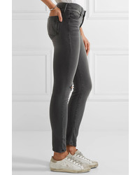 Mother Looker Distressed Mid Rise Skinny Jeans Gray