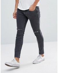 Mango Man Skinny Jeans With Rips In Washed Black