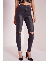 Missguided Vice Super Stretch High Waisted Ripped Knee Skinny Jeans Grey