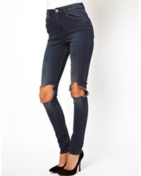 Asos Ridley High Waist Ultra Skinny Jean In Warm Charcoal Blue With Busted Knees Gray