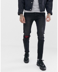 Liquor N Poker Skinny Jeans In Washed Black With Abrasion Check Patches