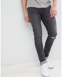 Jack & Jones Skinny Jeans With Rip Knee In Dark Grey Denim