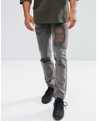 Mennace Slim Jeans In Washed Black With Distressing