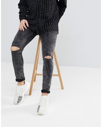 Mennace Super Skinny Jeans In Black With Knee Rips