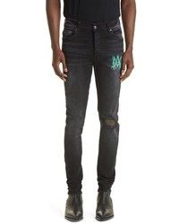 Amiri Watercolor Logo Ripped Skinny Jeans In Aged Black At Nordstrom
