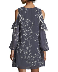 Neiman Marcus Floral Print Cold Shoulder Ruffled Dress