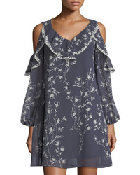 Neiman Marcus Floral Print Cold Shoulder Ruffled Dress