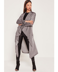 Missguided Waterfall Ruched Sleeved Satin Duster Jacket Grey