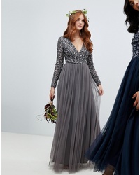 Maya Long Sleeve Wrap Front Maxi Dress With Delicate Sequin And Tulle Skirt In Charcoal