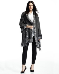 Neiman Marcus Wool Wrap W Rabbit Fur Trim Charcoal