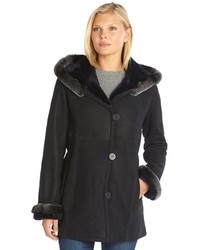 Blue Duck Navy Shearling Rabbit Fur Trimmed Hooded Button Front Coat