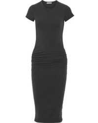James Perse Classic Ruched Stretch Cotton Jersey Dress Charcoal