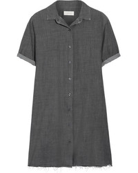 The Great The Bias Distressed Cotton Chambray Shirt Dress Charcoal
