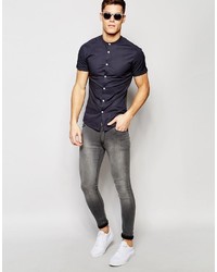 Asos Brand Skinny Shirt In Charcoal With Grandad Collar And Short Sleeves