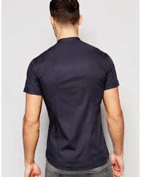Asos Brand Skinny Shirt In Charcoal With Grandad Collar And Short Sleeves