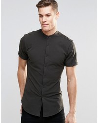 Asos Brand Skinny Shirt In Charcoal Jersey With Grandad Collar And Short Sleeves