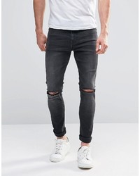Asos Brand Super Skinny Jeans With Knee Rips In Dark Gray Wash