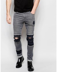 Asos Brand Super Skinny Jeans With Mega Rip And Repair In Mid Gray