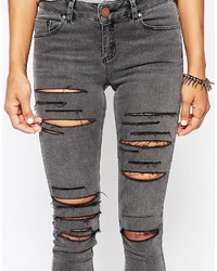 Asos Lisbon Midrise Skinny Jeans In Slick Gray With Extreme Rips