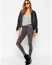 Asos Lisbon Midrise Skinny Jeans In Slick Gray With Extreme Rips