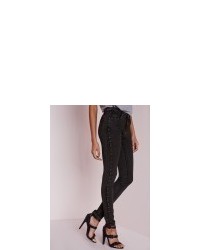 Missguided Hustler Mid Rise Eyelet Seam Skinny Jeans Charcoal