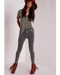 Missguided Sinner High Waisted Zipped Cargo Skinny Jeans Charcoal