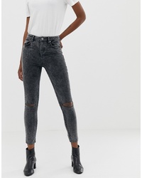 ASOS DESIGN Super High Rise Firm Skinny Jeans In Acid Wash Grey Cord With Busted Knees