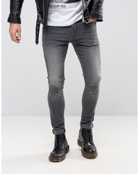 ASOS DESIGN Super Skinny Jeans With Abrasions In Dark Grey
