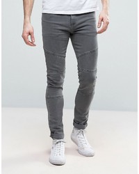 Asos Super Skinny Jeans With Biker Details In Gray