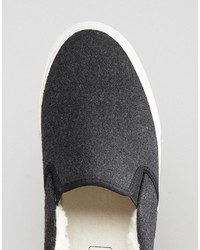 Asos Slip On Sneakers In Gray Felt With Faux Shearling Lining