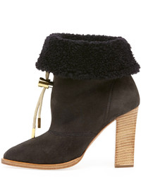 Chloé Chloe Suede Bolo Tie Fur Cuff Ankle Boot Charcoal Gray