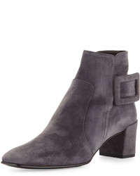 Roger Vivier Polly Suede Side Buckle Ankle Boot Dark Gray