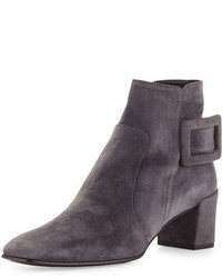 Roger Vivier Polly Suede Side Buckle Ankle Boot Dark Gray